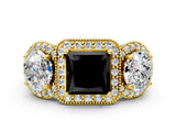 Yellow gold Three-Stone Fancy Black Princess Cut Halo Diamond Milgrain Band with Four-Prong Setting