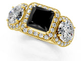 Yellow gold Three-Stone Fancy Black Princess Cut Halo Diamond Milgrain Band with Four-Prong Setting_1