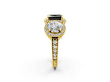 Yellow gold Three-Stone Fancy Black Princess Cut Halo Diamond Milgrain Band with Four-Prong Setting_2