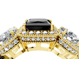 Yellow gold Three-Stone Fancy Black Princess Cut Halo Diamond Milgrain Band with Four-Prong Setting_4