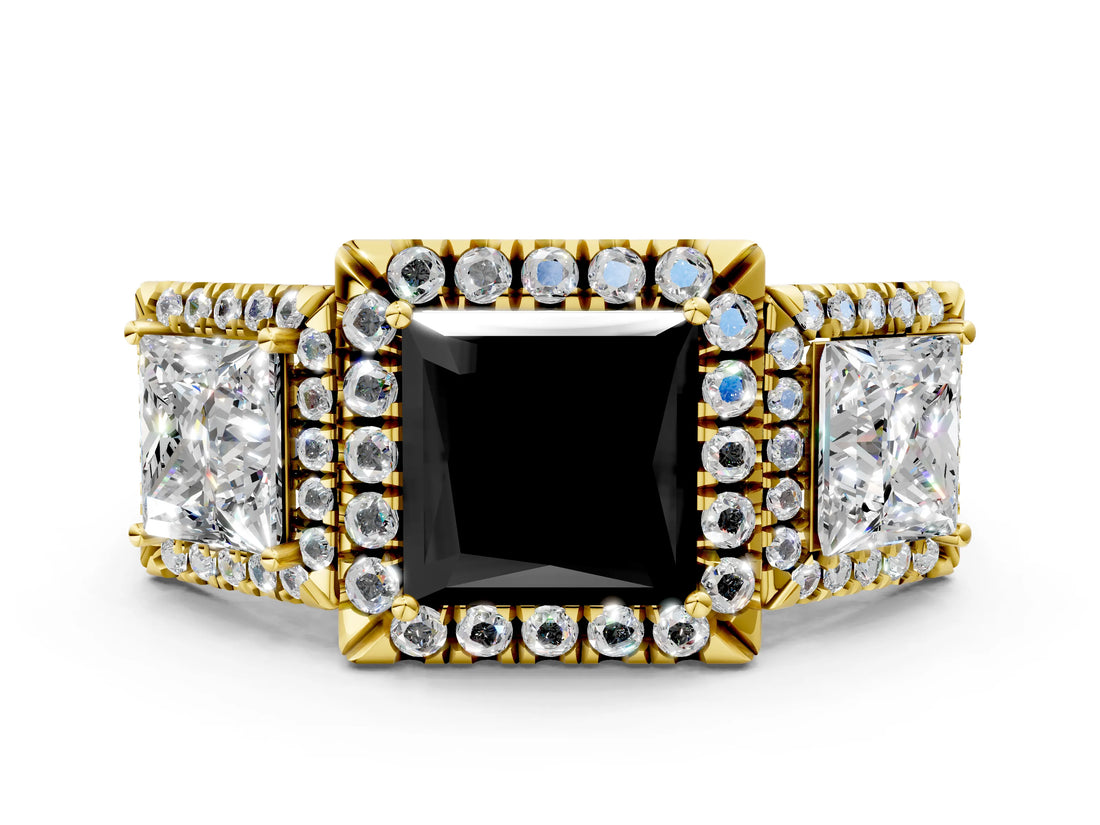 Yellow gold Three-Stone Fancy Black Princess Cut Halo Diamond Ring with Pave Band and Four-Prong Setting