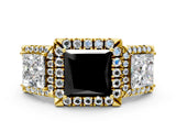 Yellow gold Three-Stone Fancy Black Princess Cut Halo Diamond Ring with Pave Band and Four-Prong Setting