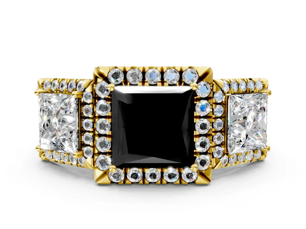 Yellow gold Three-Stone Fancy Black Princess Cut Halo Diamond Ring with Pave Band and Four-Prong Setting