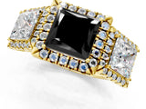 Yellow gold Three-Stone Fancy Black Princess Cut Halo Diamond Ring with Pave Band and Four-Prong Setting_1