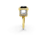 Yellow gold Three-Stone Fancy Black Princess Cut Halo Diamond Ring with Pave Band and Four-Prong Setting_2