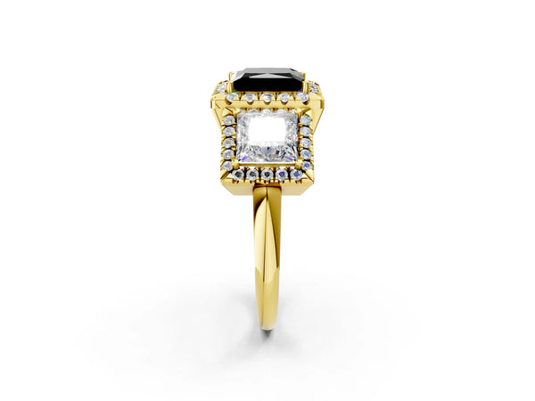 Yellow gold Three-Stone Fancy Black Princess Cut Halo Diamond Ring with Pave Band and Four-Prong Setting