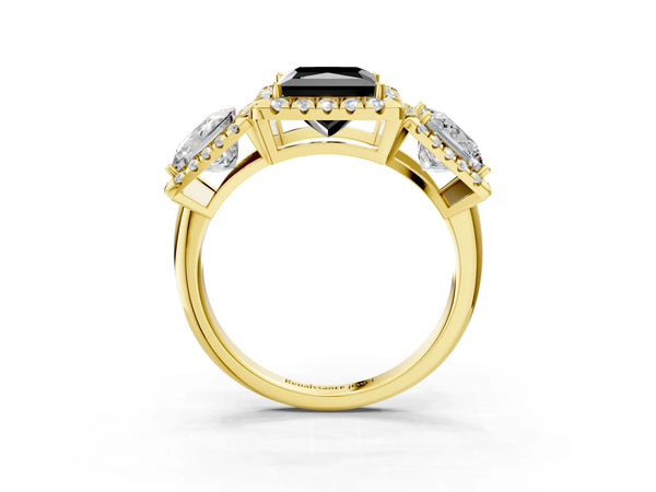 Yellow gold Three-Stone Fancy Black Princess Cut Halo Diamond Ring with Pave Band and Four-Prong Setting