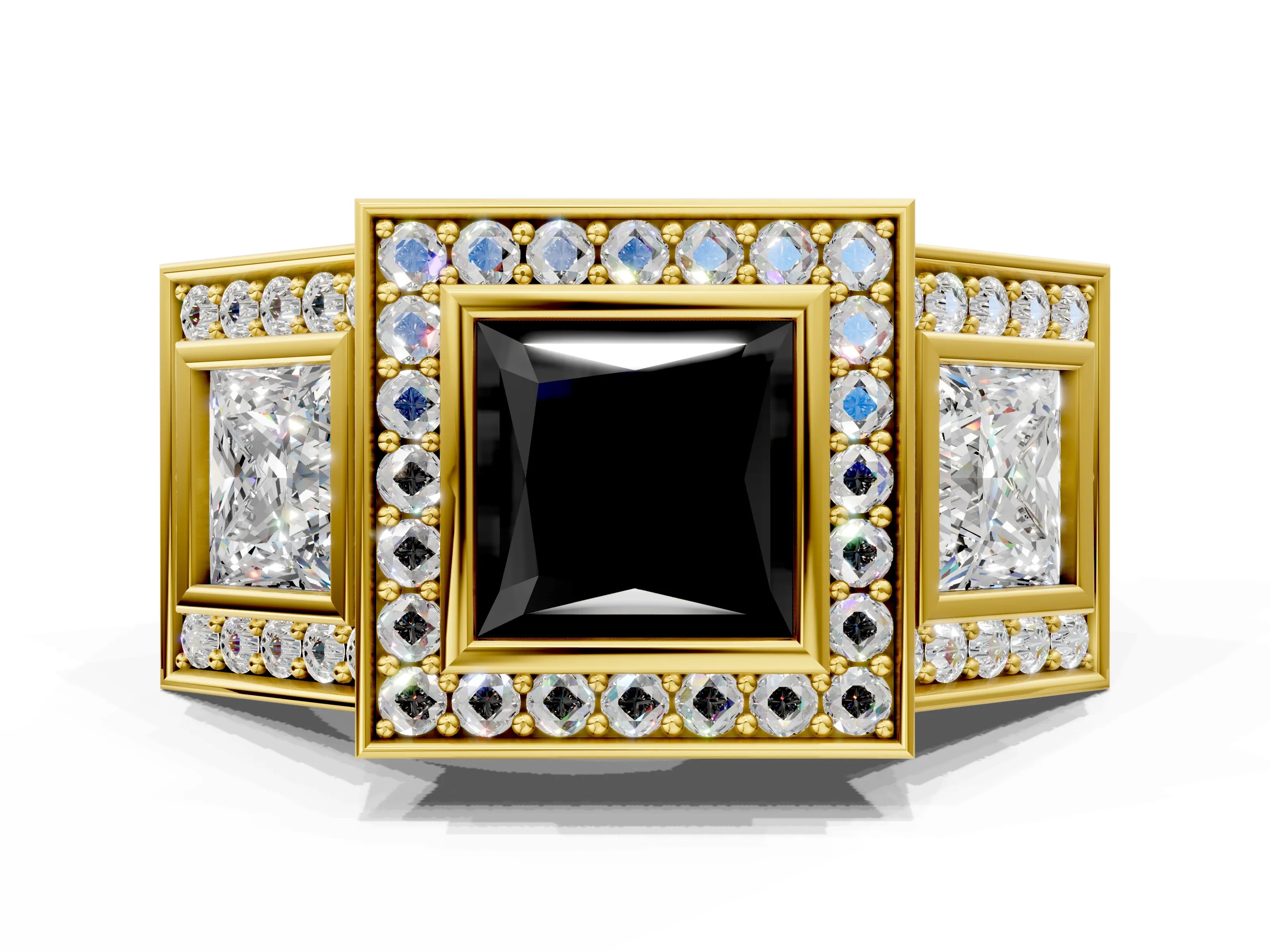 Yellow gold Three-Stone Fancy Black Princess Cut Halo Pavé Diamond Ring