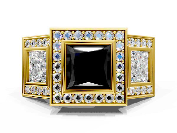 Yellow Gold Princess Cut Bezel Three Stone Halo Engagement Ring Setting for Black Center