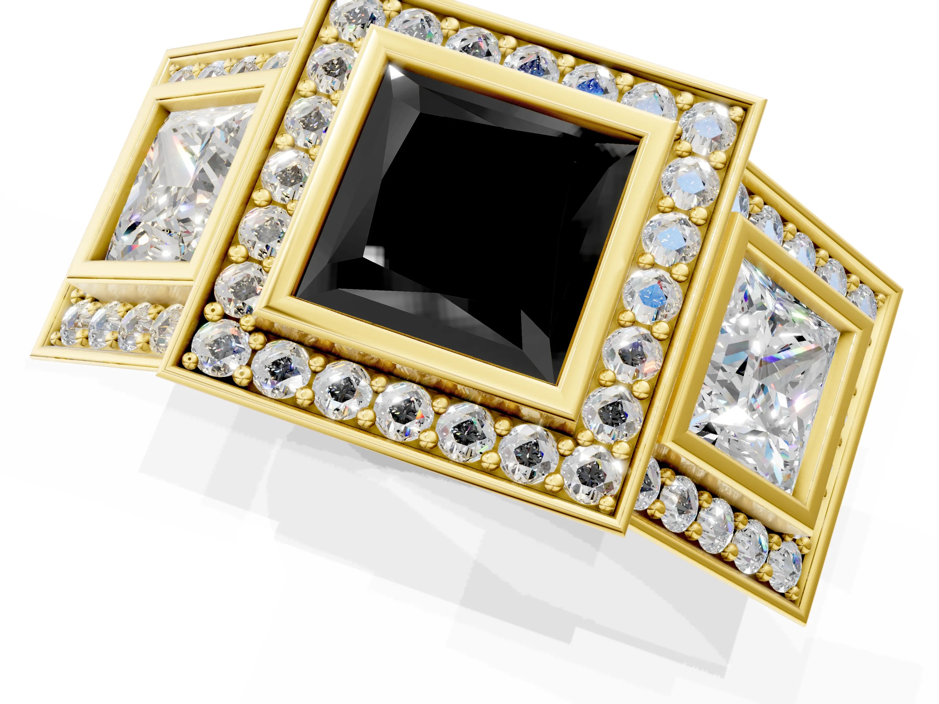 Yellow gold Three-Stone Fancy Black Princess Cut Halo Pavé Diamond Ring_1