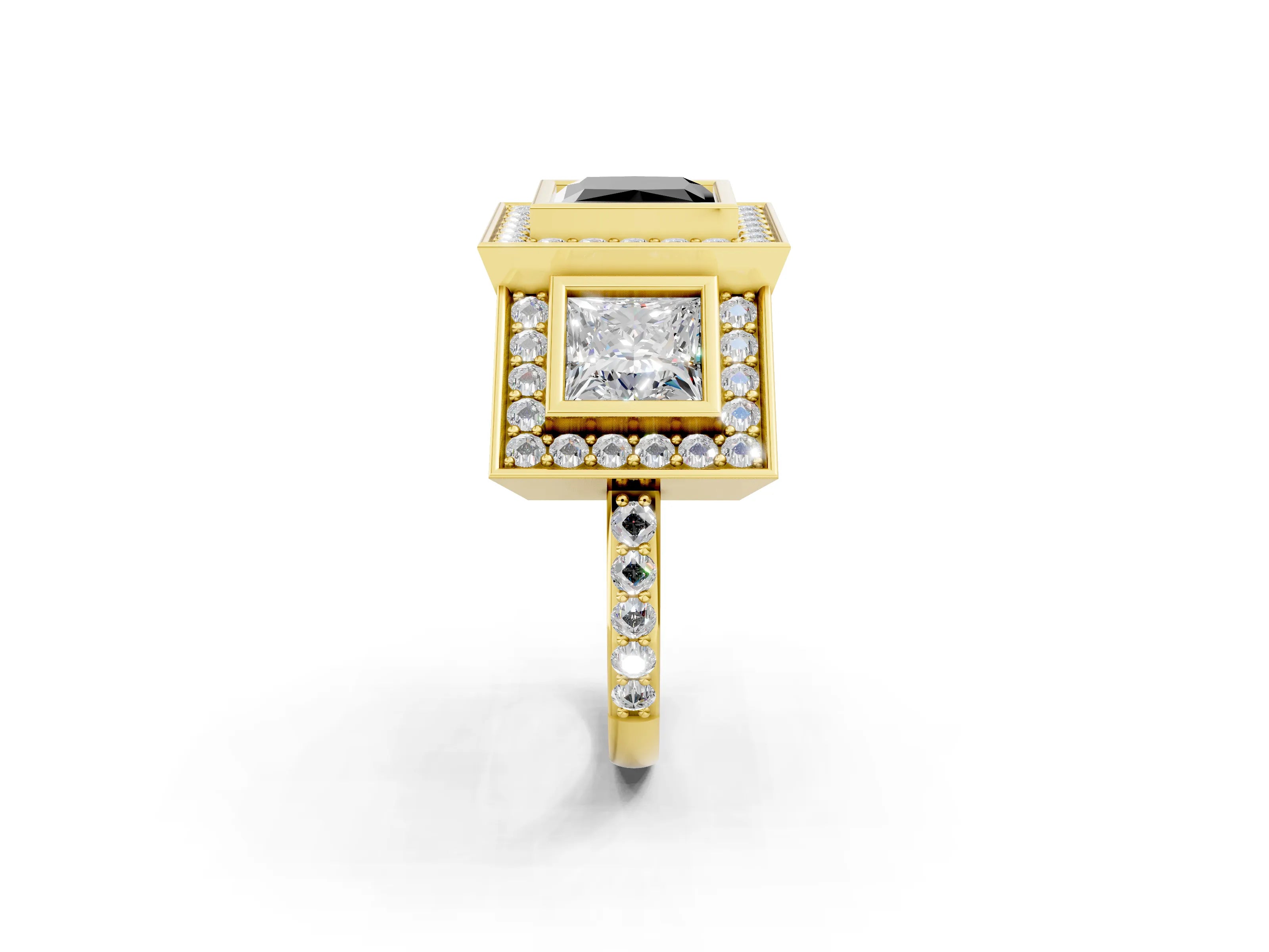 Yellow gold Three-Stone Fancy Black Princess Cut Halo Pavé Diamond Ring_2
