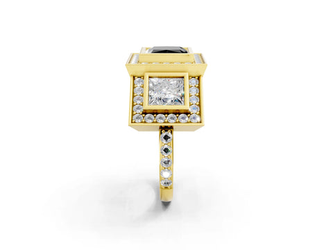 Yellow gold Three-Stone Fancy Black Princess Cut Halo Pavé Diamond Ring_2