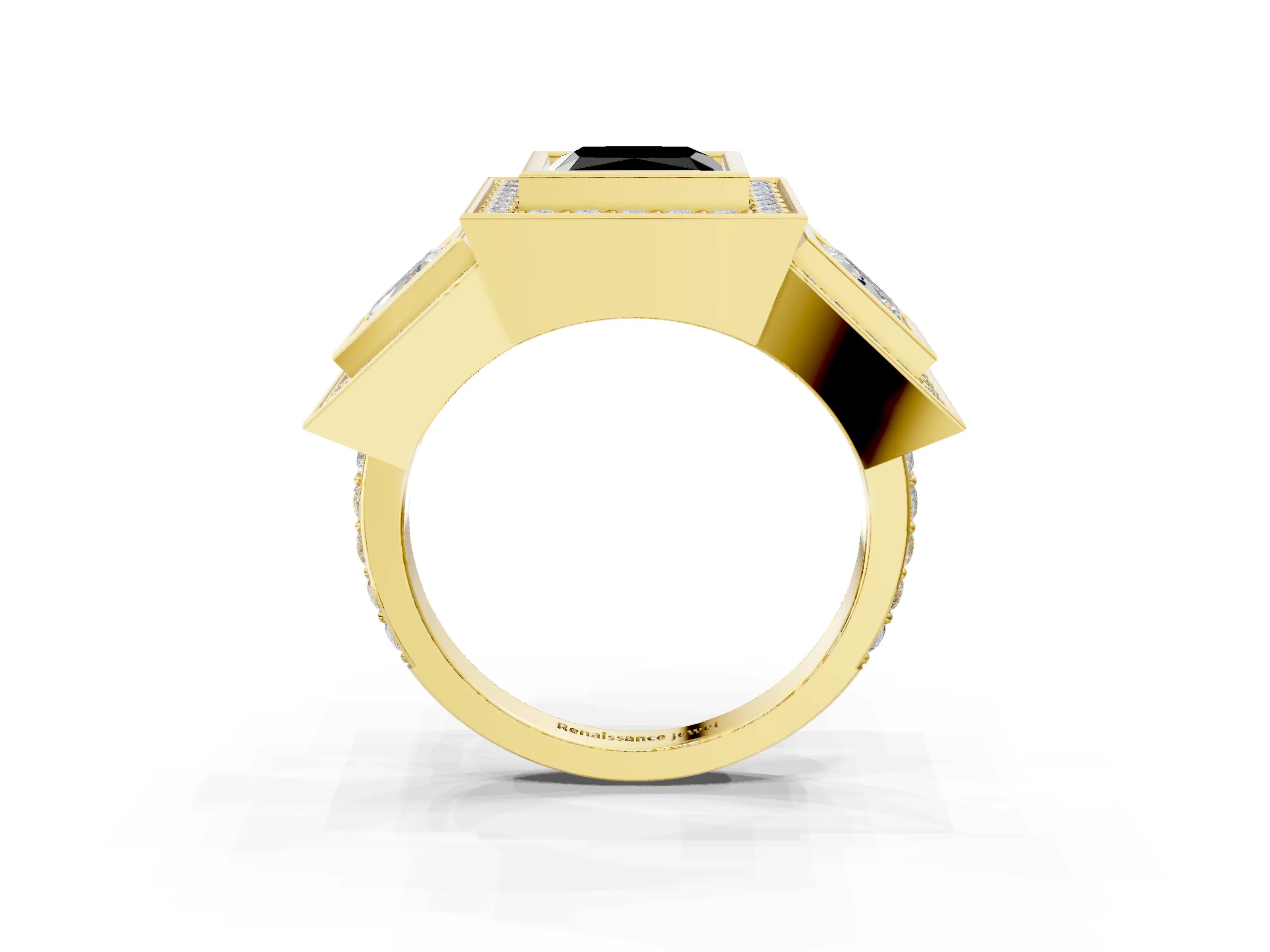 Yellow gold Three-Stone Fancy Black Princess Cut Halo Pavé Diamond Ring_3