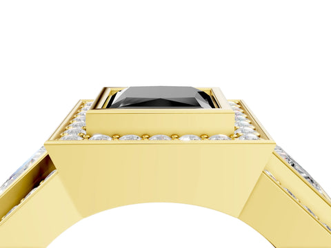 Yellow gold Three-Stone Fancy Black Princess Cut Halo Pavé Diamond Ring_4