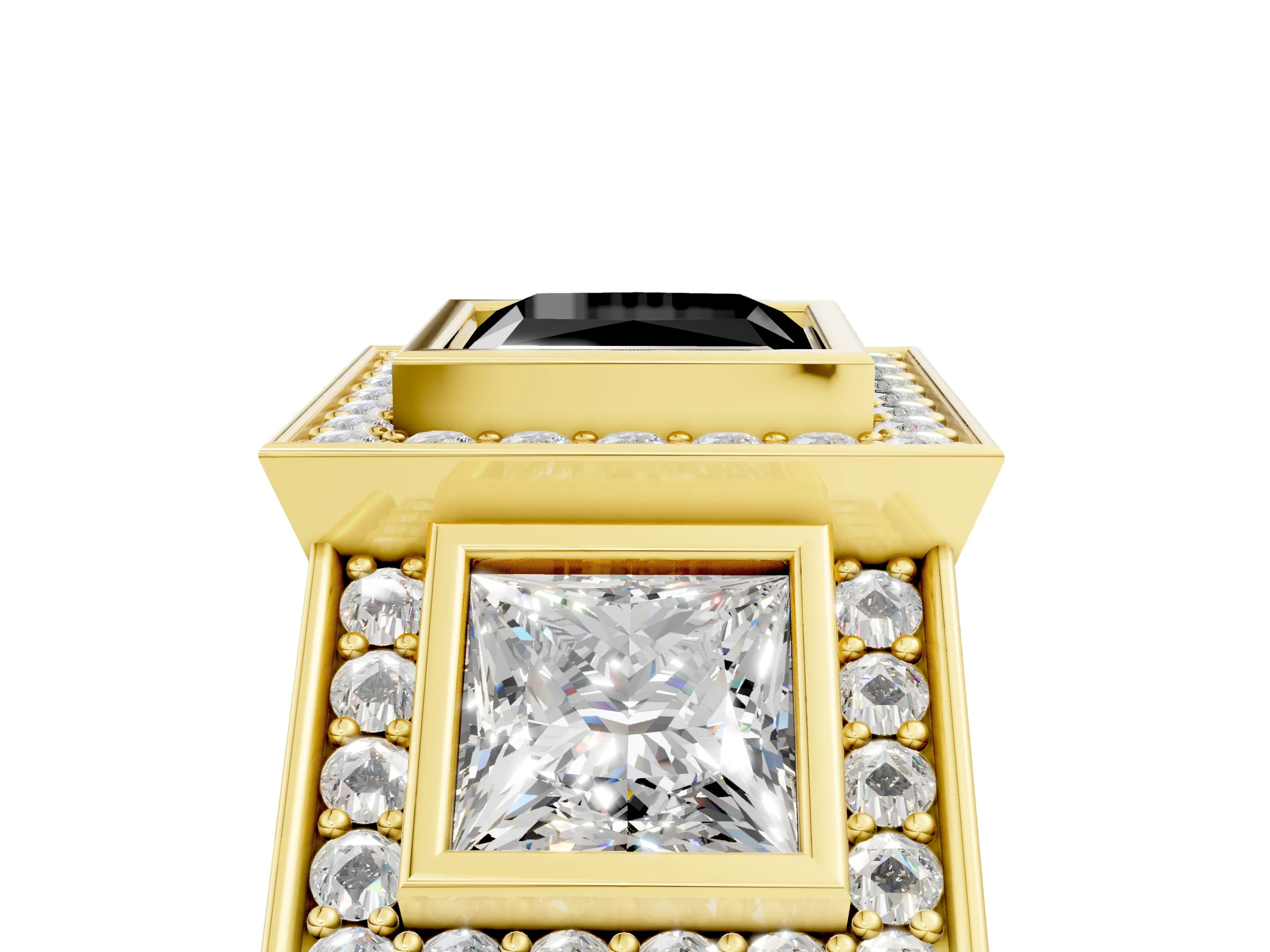 Yellow gold Three-Stone Fancy Black Princess Cut Halo Pavé Diamond Ring_5