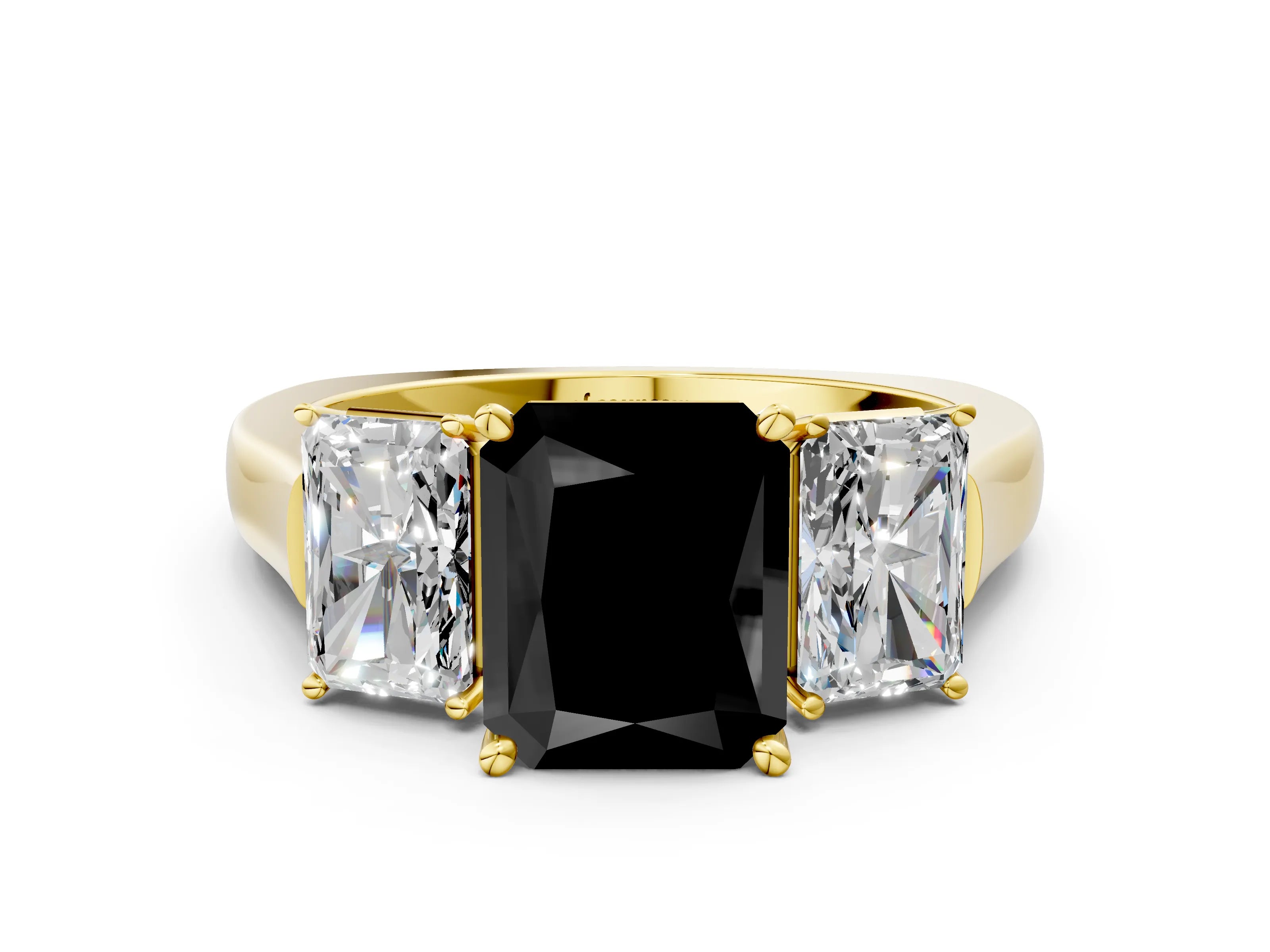 Yellow gold Three-Stone Fancy Black Radiant Cut Brilliant Diamond Trellis Ring with Comfort Fit Band