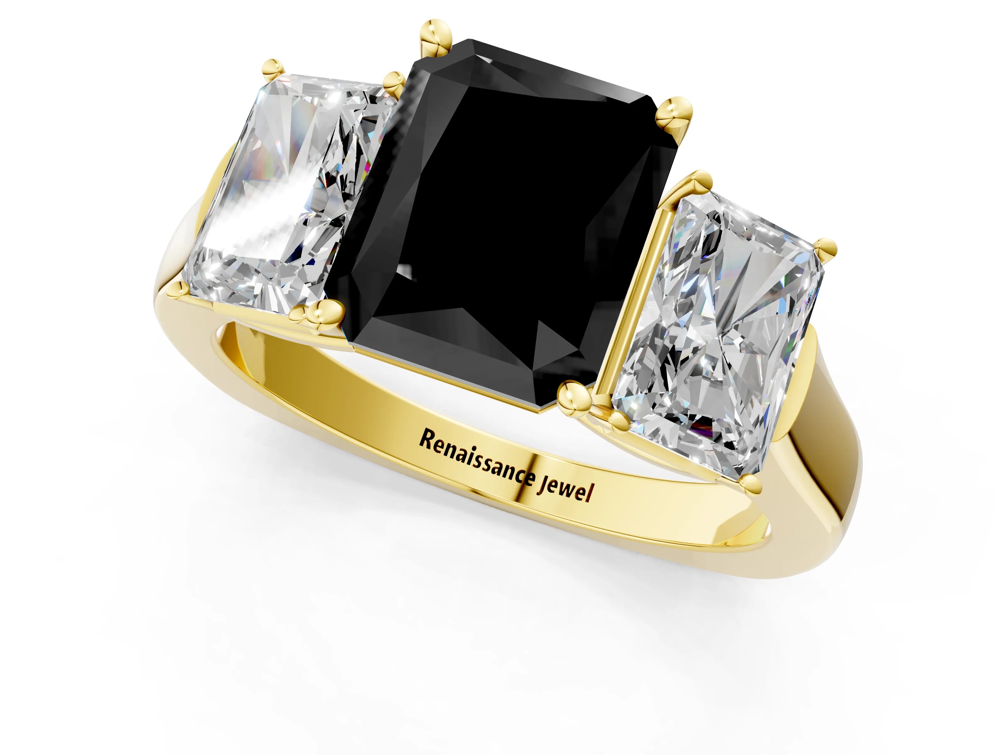 Yellow gold Three-Stone Fancy Black Radiant Cut Brilliant Diamond Trellis Ring with Comfort Fit Band_1
