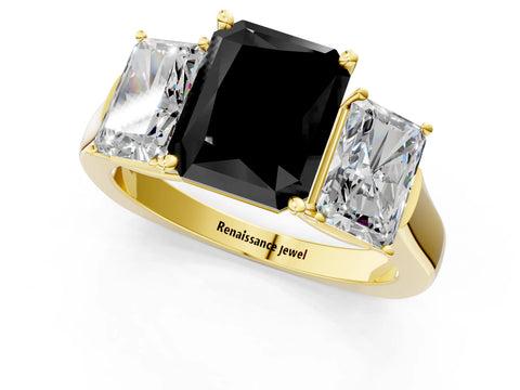 Yellow gold Three-Stone Fancy Black Radiant Cut Brilliant Diamond Trellis Ring with Comfort Fit Band_1