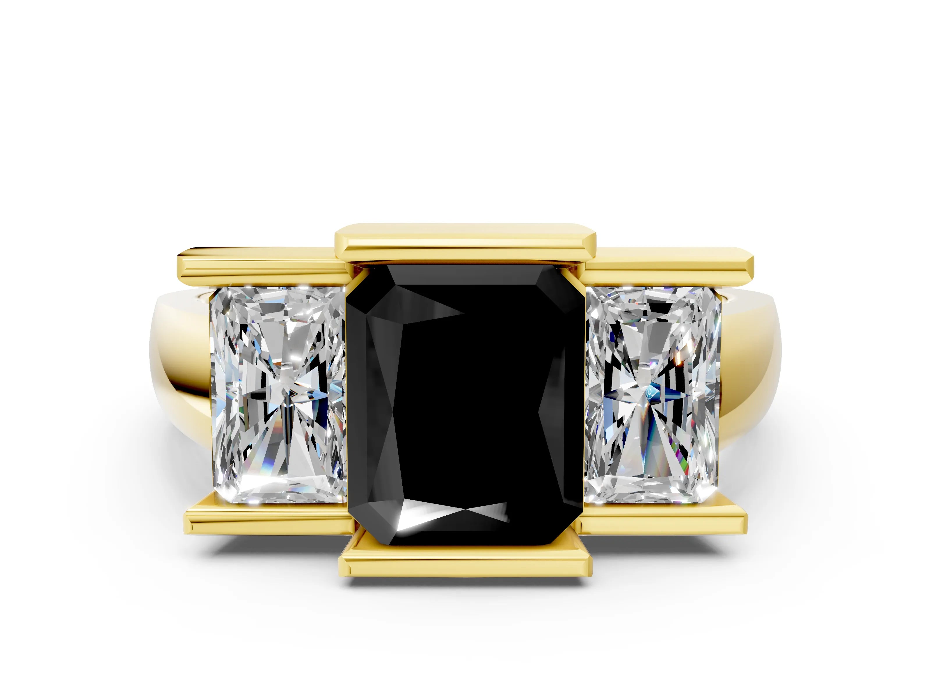 Yellow gold Three Stone Fancy Black Radiant Cut Cut Channel Set Diamond Ring