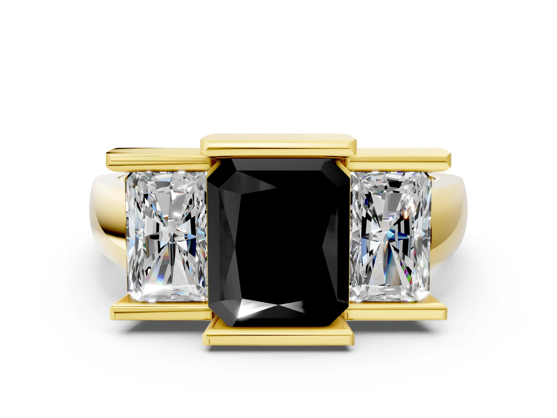 Yellow gold Three Stone Fancy Black Radiant Cut Cut Channel Set Diamond Ring