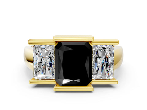Yellow gold Three Stone Fancy Black Radiant Cut Cut Channel Set Diamond Ring