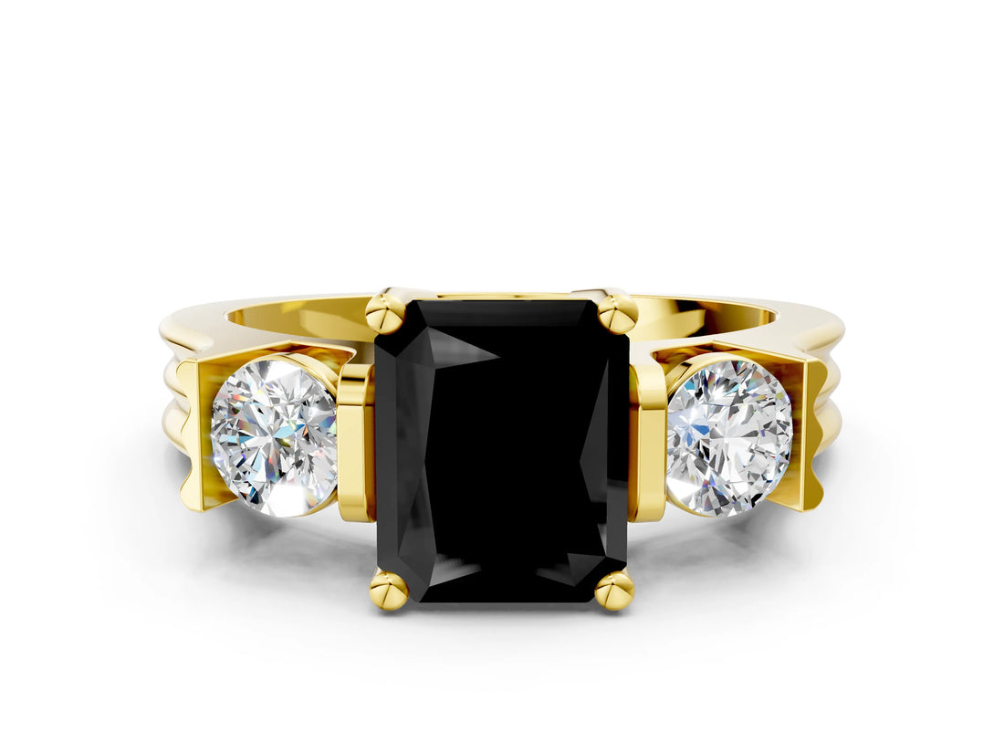 Yellow gold Three-Stone Fancy Black Radiant Cut Cut Classic Band Prong Setting Ring