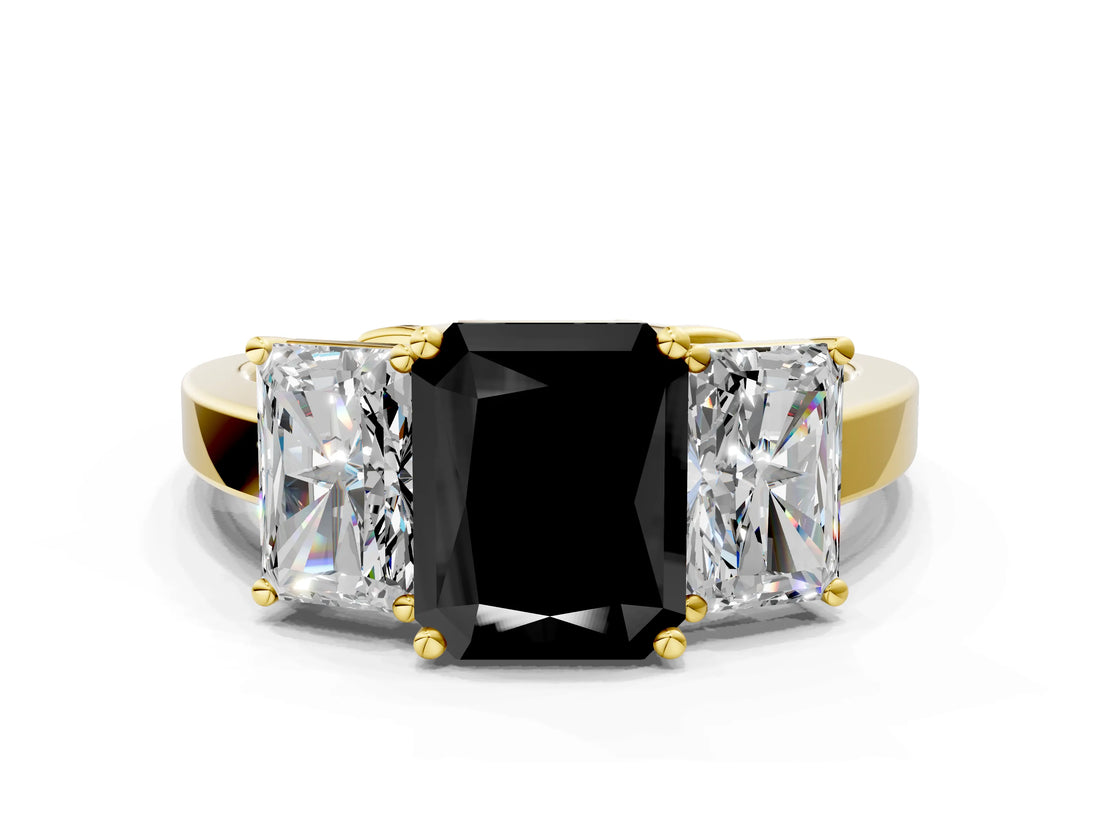 Yellow gold Three-Stone Fancy Black Radiant Cut Cut Diamond Engagement Ring with Flat Band and Four-Prong Setting_12