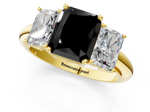 Yellow gold Three-Stone Fancy Black Radiant Cut Cut Diamond Engagement Ring with Prong Setting on a White Gold Band_1