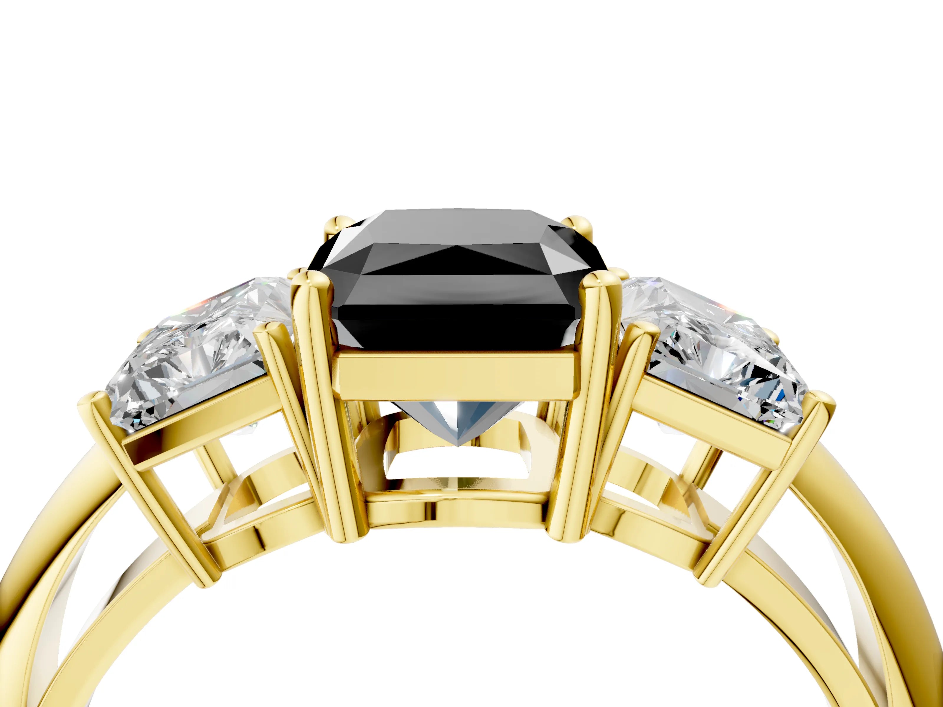 Yellow gold Three-Stone Fancy Black Radiant Cut Cut Diamond Engagement Ring with Prong Setting on a White Gold Band_4