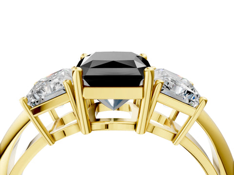 Yellow gold Three-Stone Fancy Black Radiant Cut Cut Diamond Engagement Ring with Prong Setting on a White Gold Band_4