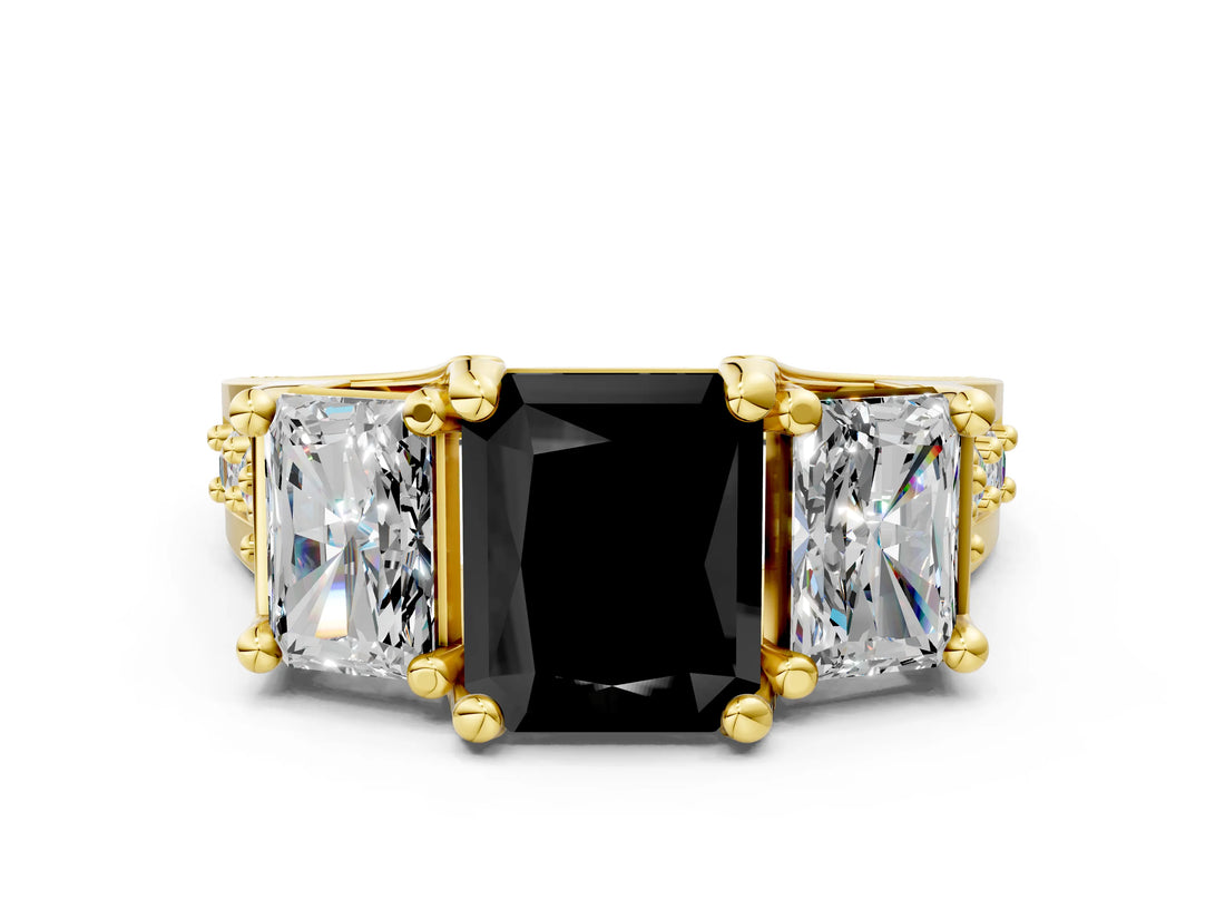 Yellow gold Three-Stone Fancy Black Radiant Cut Cut Diamond Ring with Channel-Set Band and Four-Prong Setting_12