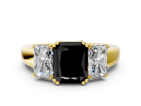 Yellow gold Three-Stone Fancy Black Radiant Cut Cut Diamond Ring with Channel Set Band and Four-Prong Setting