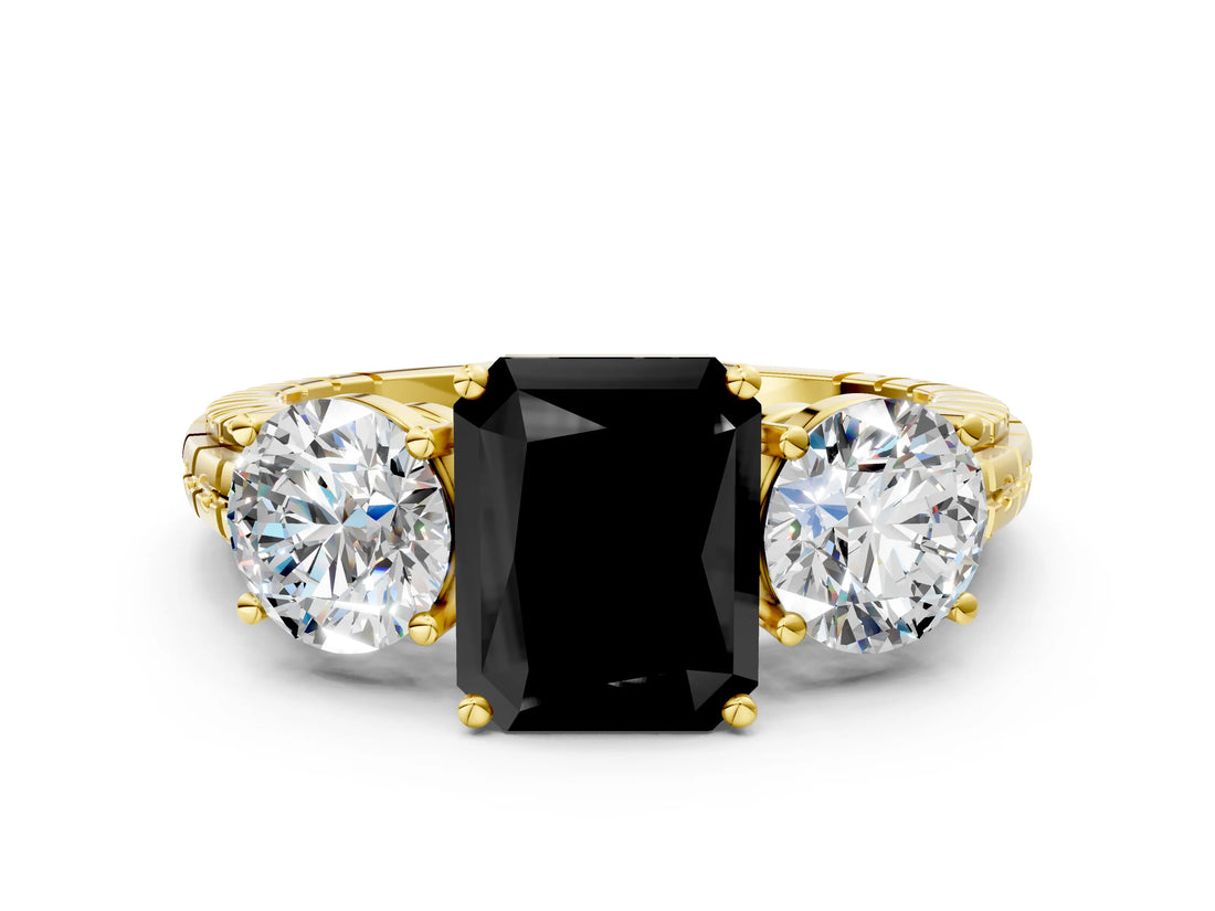 Yellow gold Three-Stone Fancy Black Radiant Cut Cut Diamond Ring with Channel-Set Band and Prong Setting