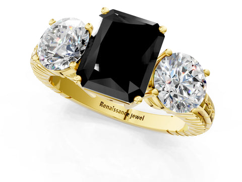 Yellow gold Three-Stone Fancy Black Radiant Cut Cut Diamond Ring with Channel-Set Band and Prong Setting_1