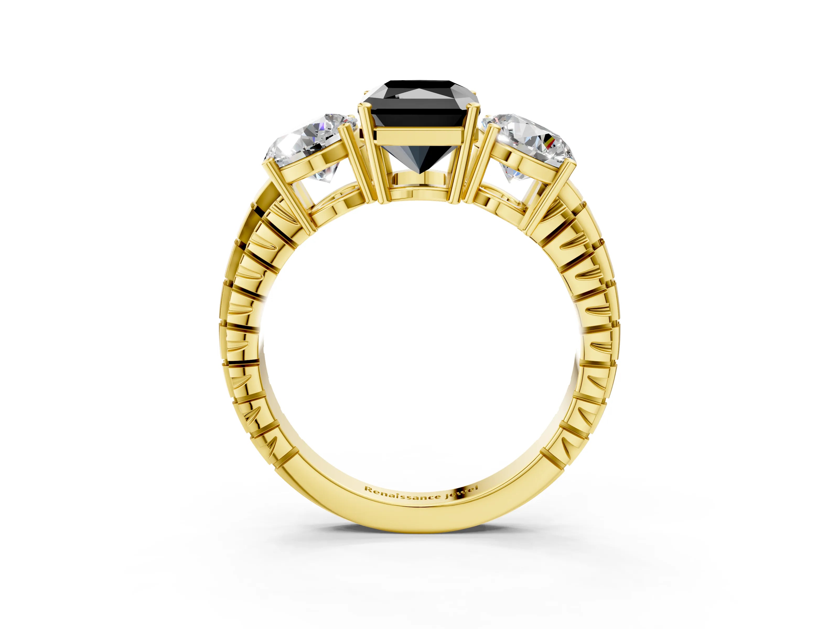 Yellow gold Three-Stone Fancy Black Radiant Cut Cut Diamond Ring with Channel-Set Band and Prong Setting_3