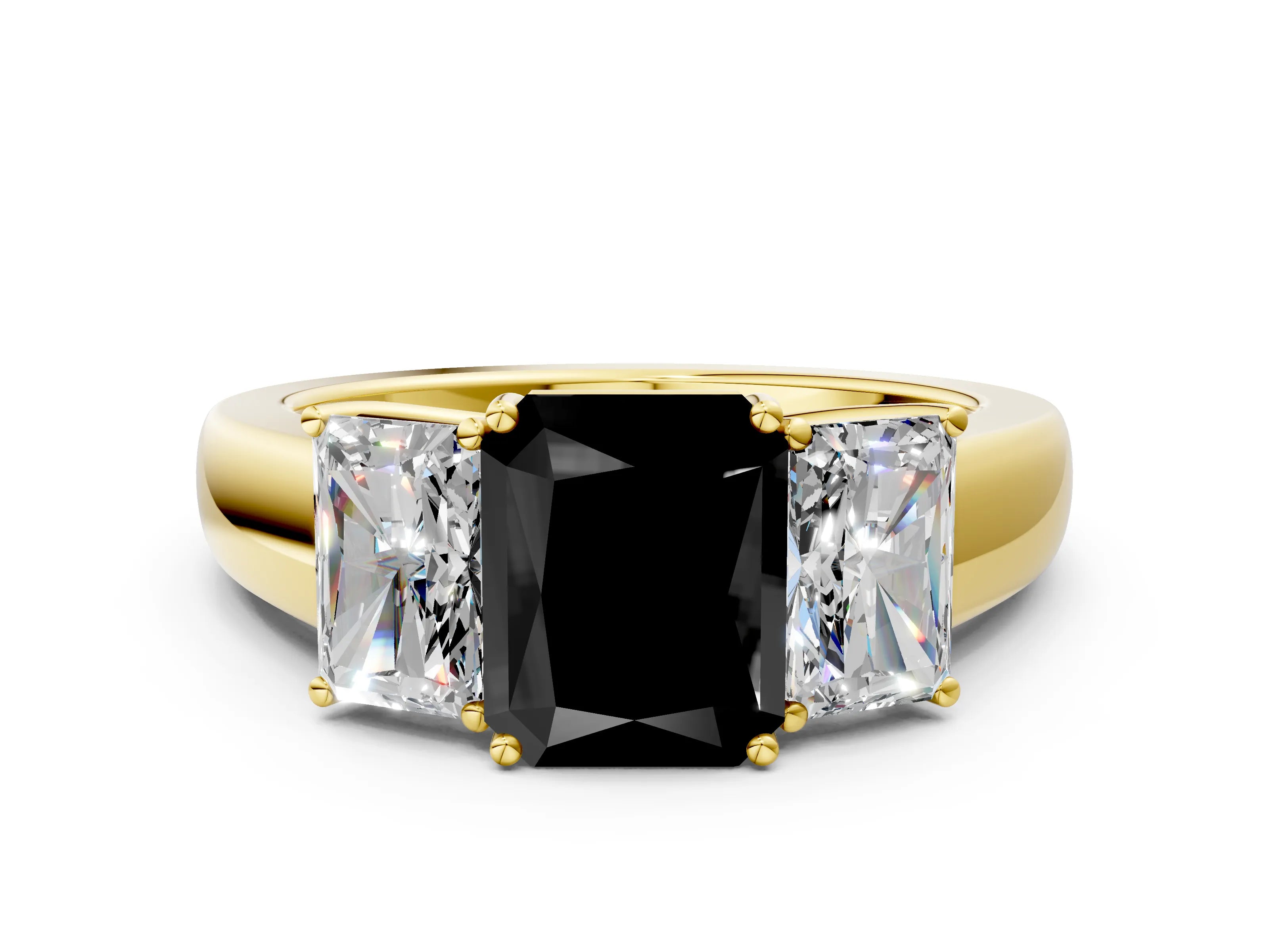 Yellow gold Three-Stone Fancy Black Radiant Cut Cut Diamond Ring with Prong Setting and Classic Band