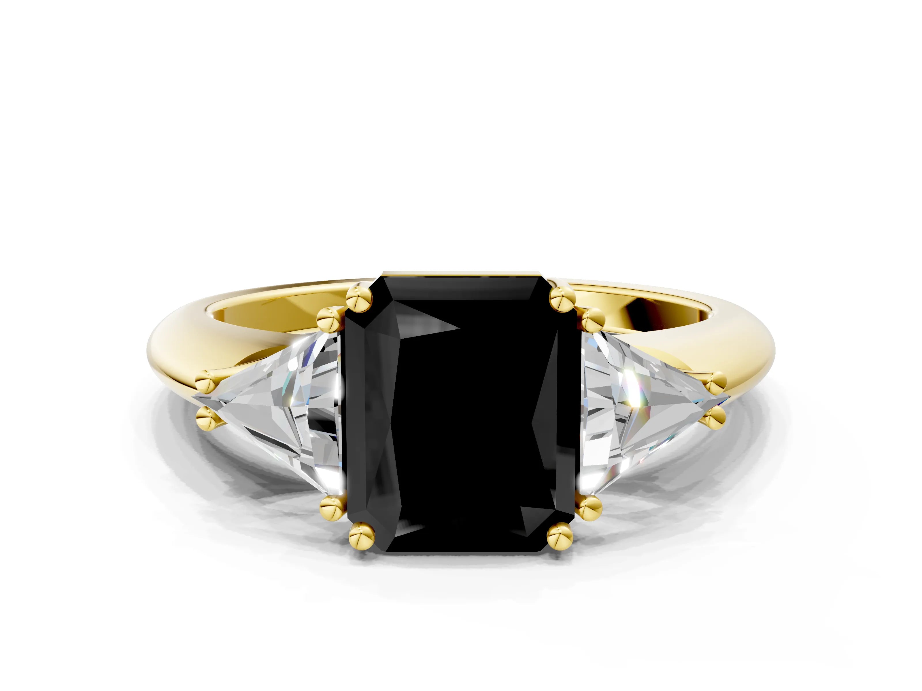 Yellow gold Three-Stone Fancy Black Radiant Cut Cut Diamond Ring with Trillion Side Stones and Four-Prong Setting_3