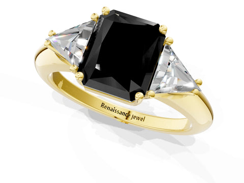 Yellow gold Three-Stone Fancy Black Radiant Cut Cut Diamond Ring with Trillion Side Stones and Four-Prong Setting_4
