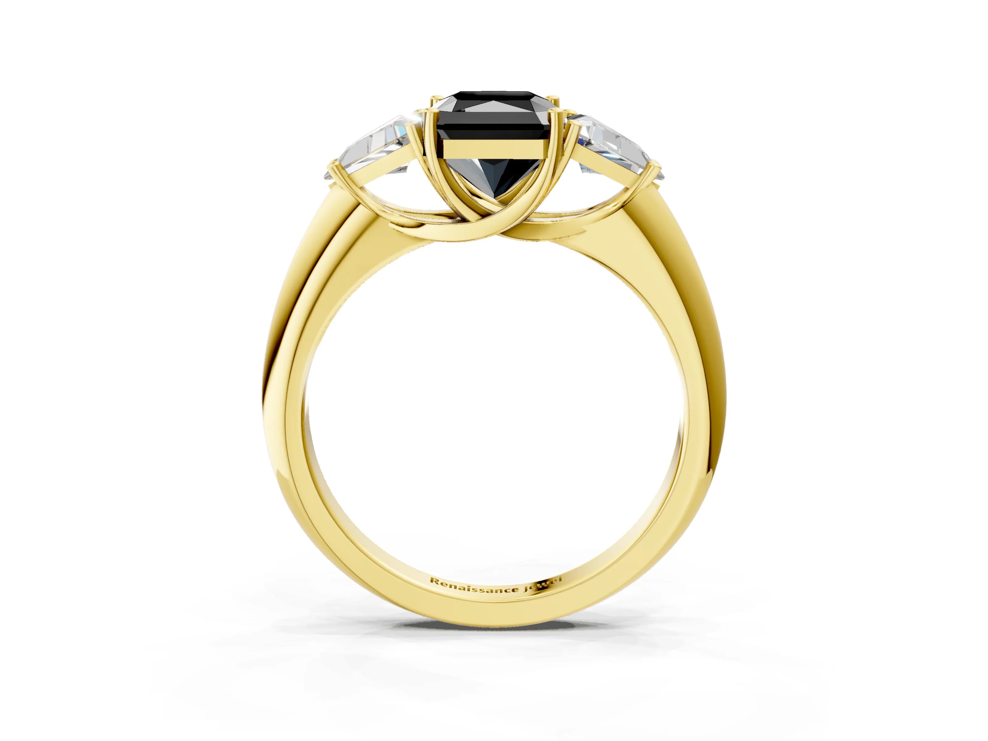 Yellow gold Three-Stone Fancy Black Radiant Cut Cut Diamond Ring with Trillion Side Stones and Four-Prong Setting_6