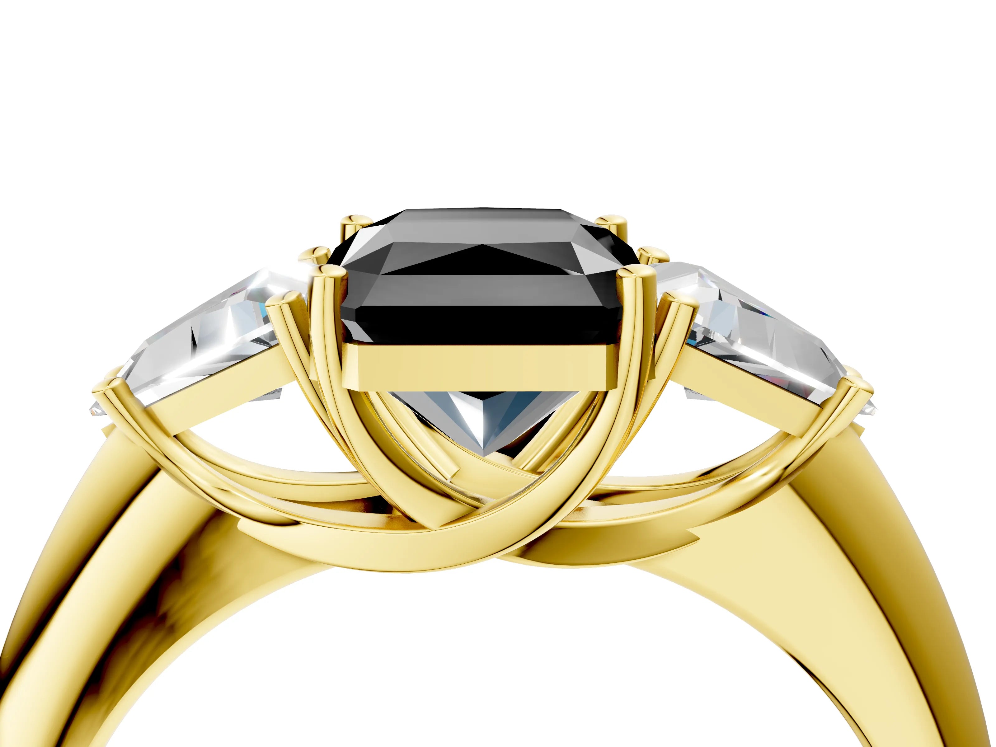 Yellow gold Three-Stone Fancy Black Radiant Cut Cut Diamond Ring with Trillion Side Stones and Four-Prong Setting_7
