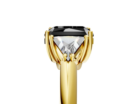 Yellow gold Three-Stone Fancy Black Radiant Cut Cut Diamond Ring with Trillion Side Stones and Four-Prong Setting_8
