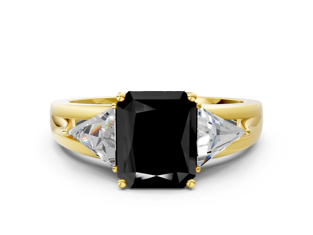 Yellow gold Three-Stone Fancy Black Radiant Cut Cut Diamond Ring with Trillion Side Stones on a Split Shank Band