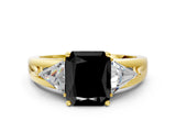 Yellow gold Three-Stone Fancy Black Radiant Cut Cut Diamond Ring with Trillion Side Stones on a Split Shank Band