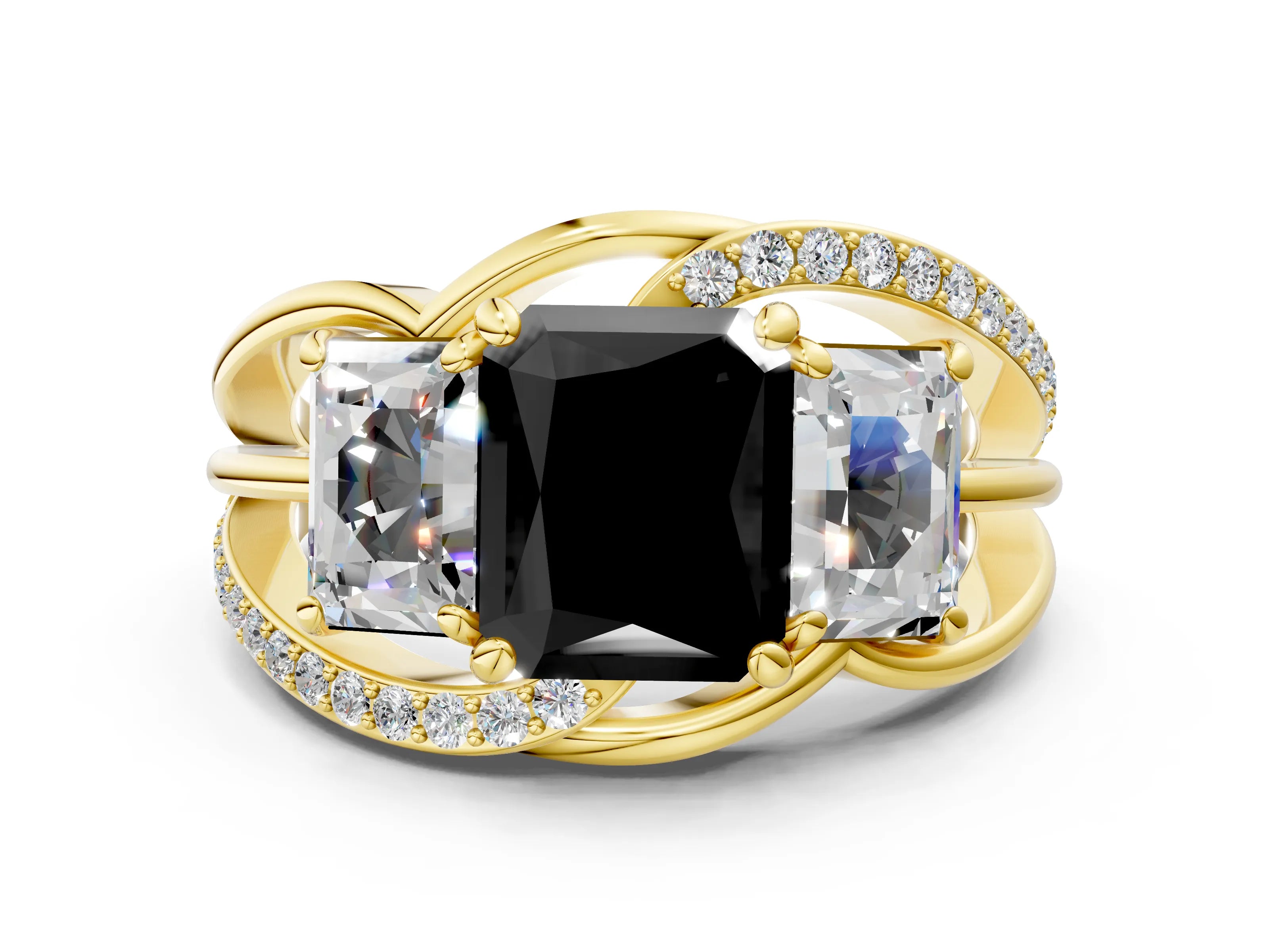 Yellow gold Three-Stone Fancy Black Radiant Cut Cut Diamond Split Shank Prong Set Ring