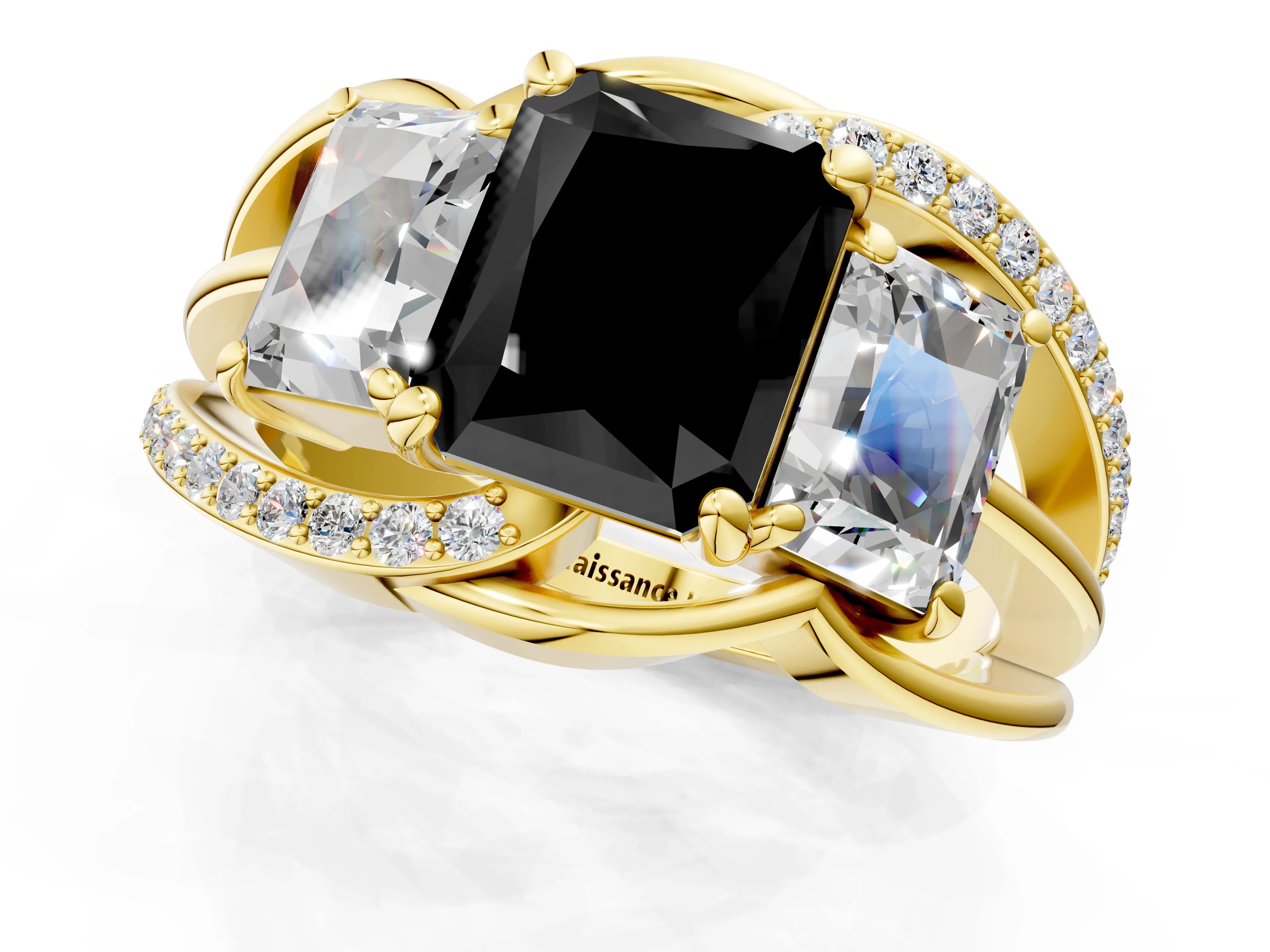 Yellow gold Three-Stone Fancy Black Radiant Cut Cut Diamond Split Shank Prong Set Ring_13