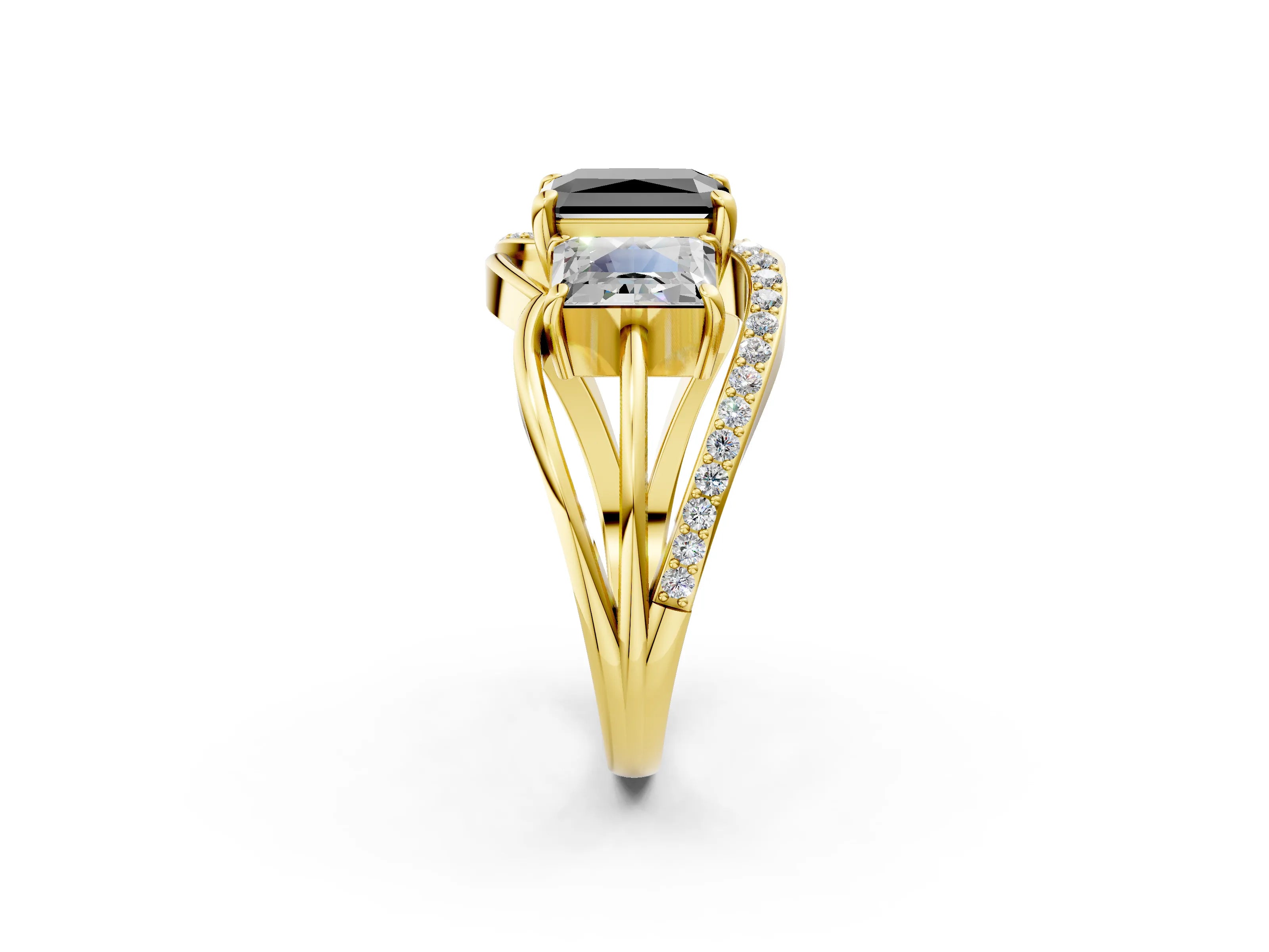 Yellow gold Three-Stone Fancy Black Radiant Cut Cut Diamond Split Shank Prong Set Ring_14