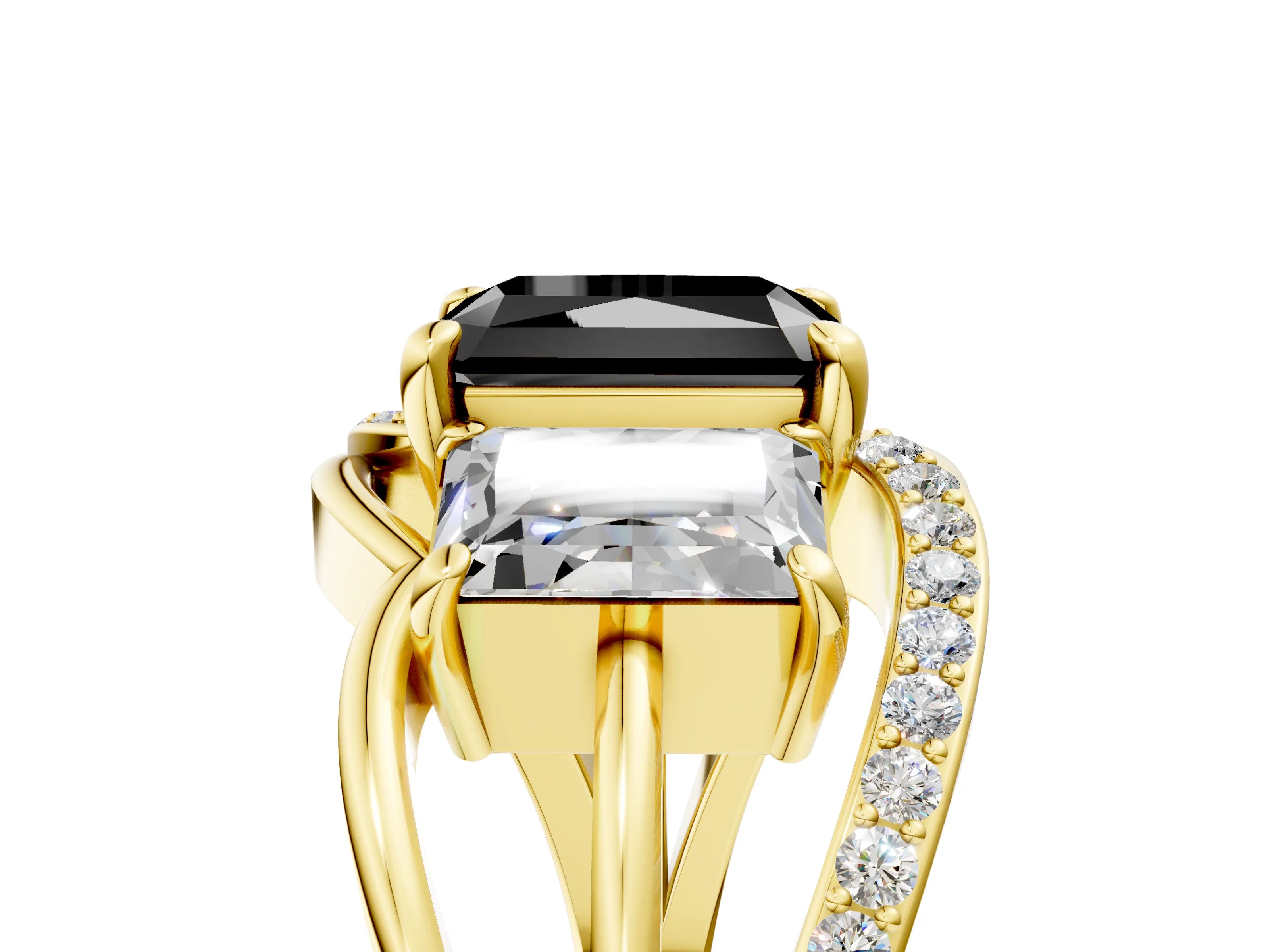 Yellow gold Three-Stone Fancy Black Radiant Cut Cut Diamond Split Shank Prong Set Ring_17