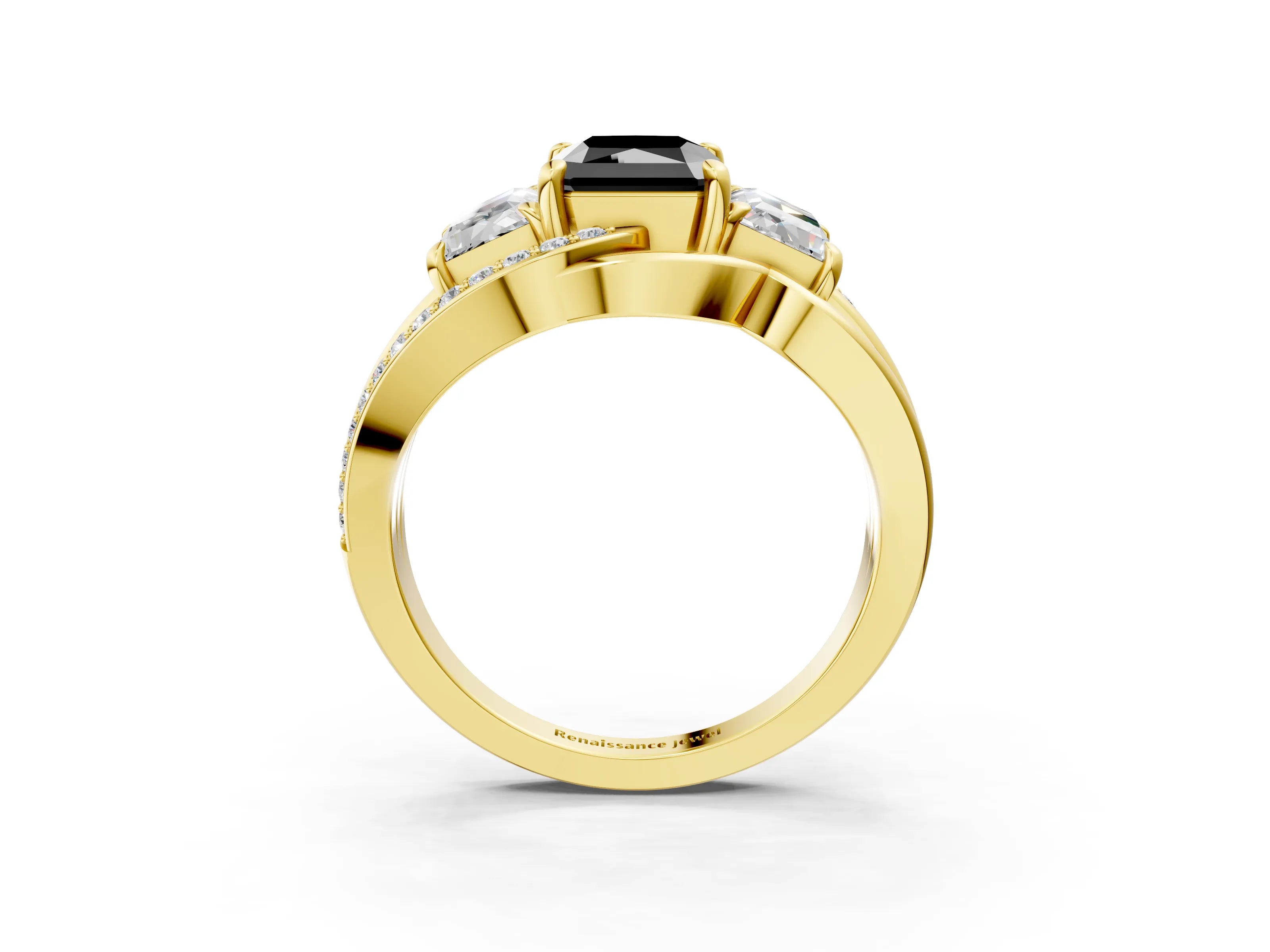 Yellow gold Three-Stone Fancy Black Radiant Cut Cut Diamond Split Shank Prong Set Ring_3