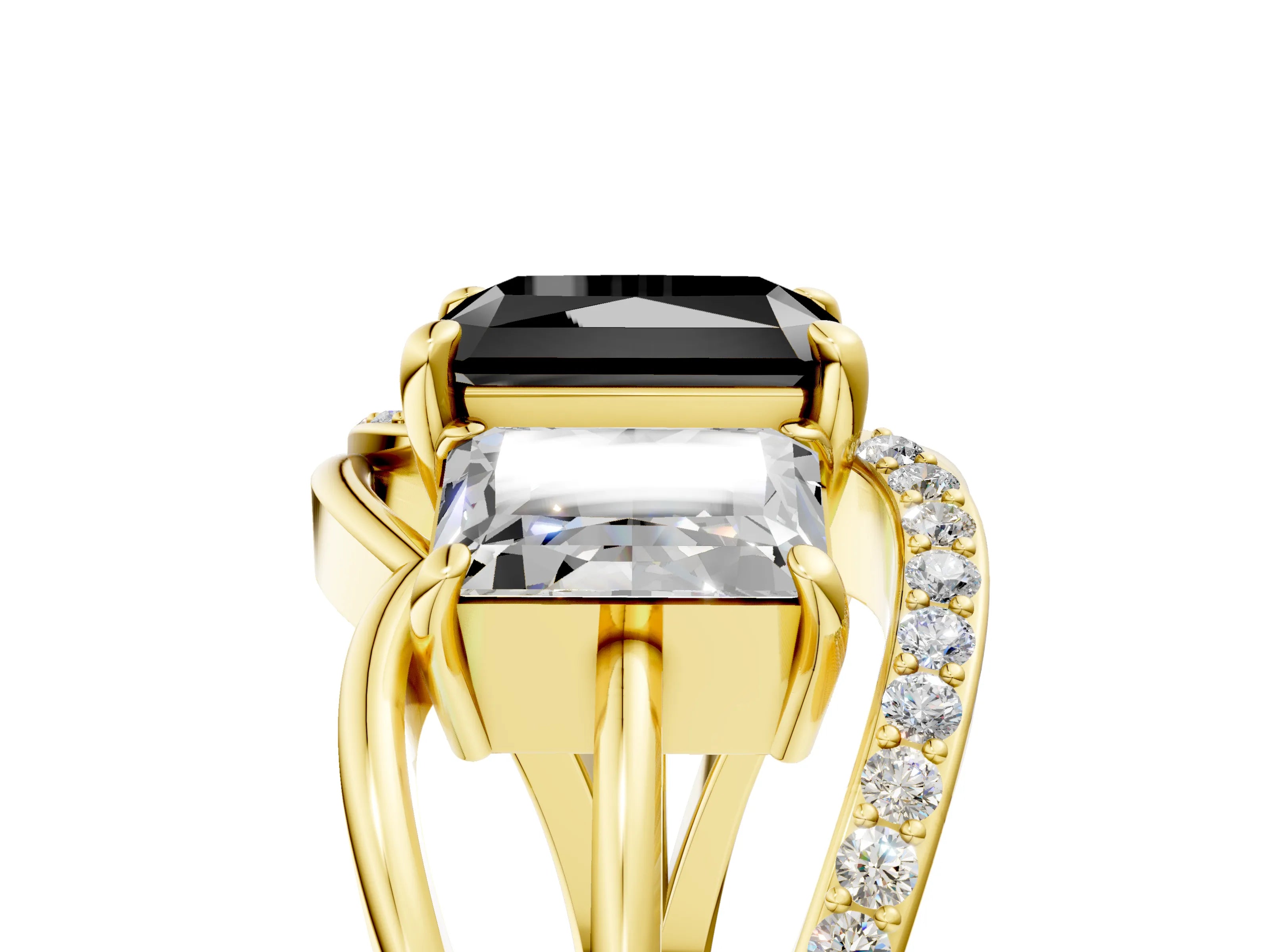 Yellow gold Three-Stone Fancy Black Radiant Cut Cut Diamond Split Shank Prong Set Ring_5