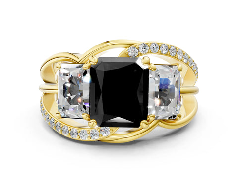 Yellow gold Three-Stone Fancy Black Radiant Cut Cut Diamond Split Shank Prong Set Ring